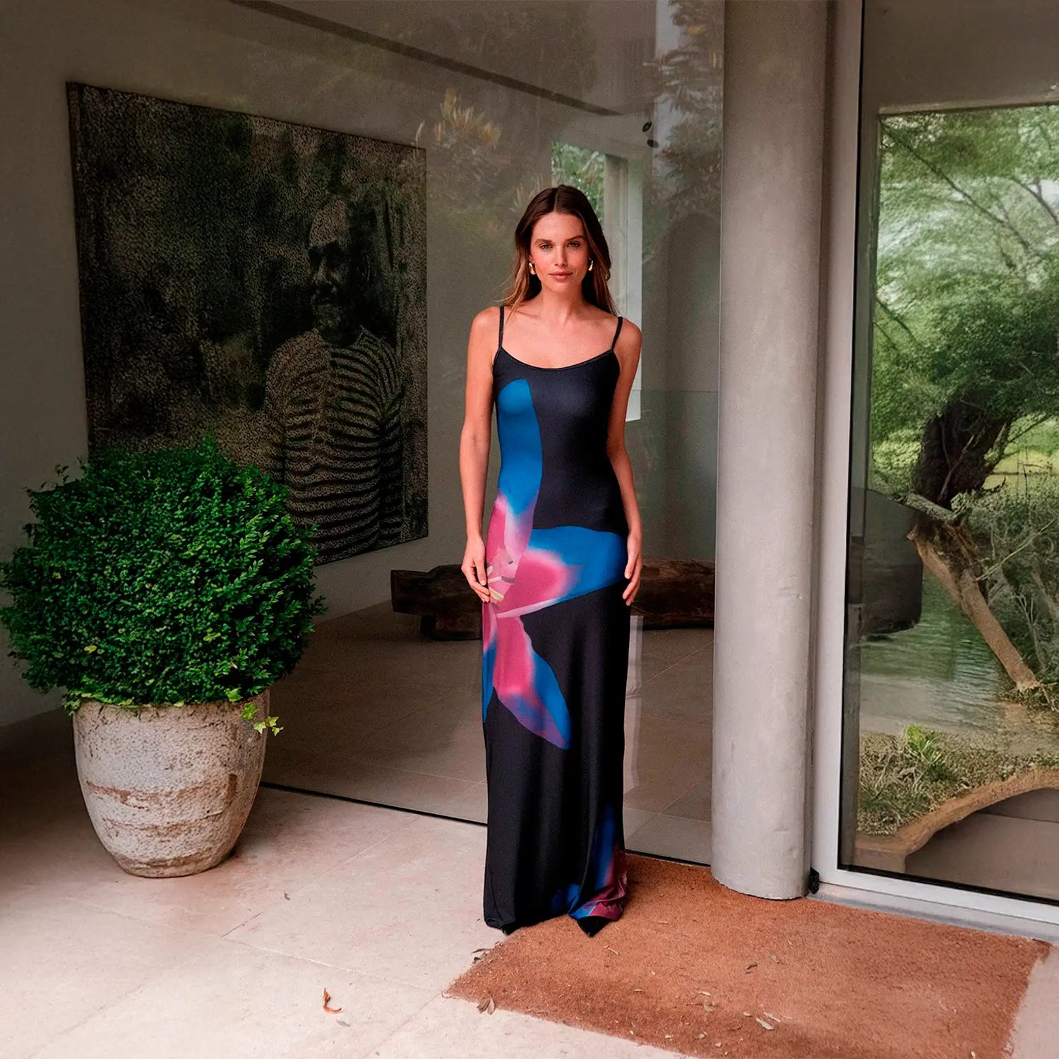Vestido com Flor Azul Estampado - Módena